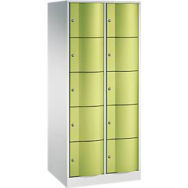 C+P Schließfachschrank Resisto, 2 Abteile, 10 Fächer, B 772 x T 640 x H 1950 mm, Lichtgrau/Clowngrün