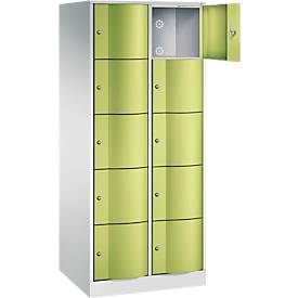 C+P Schließfachschrank Resisto, 2 Abteile, 10 Fächer, B 772 x T 640 x H 1950 mm, Lichtgrau/Clowngrün