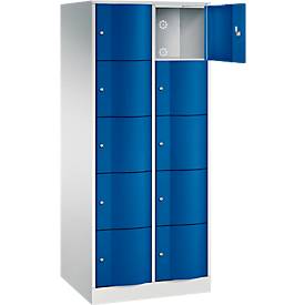C+P Schließfachschrank Resisto, 2 Abteile, 10 Fächer, B 772 x T 640 x H 1950 mm, Lichtgrau/Clowngrün