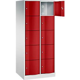 C+P Schließfachschrank Resisto, 2 Abteile, 10 Fächer, B 772 x T 640 x H 1950 mm, Lichtgrau/Rubinrot