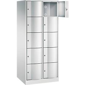 C+P Schließfachschrank Resisto, 2 Abteile, 10 Fächer, B 772 x T 640 x H 1950 mm, Lichtgrau/Rubinrot