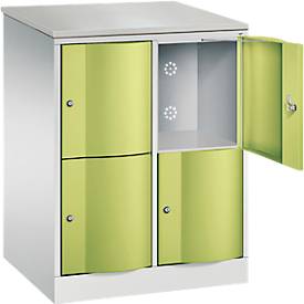 C+P Schließfachschrank Resisto, 2 Abteile, 4 Fächer, B 772 x T 640 x H 1077 mm, Lichtgrau/Clowngrün
