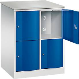 C+P Schließfachschrank Resisto, 2 Abteile, 4 Fächer, B 772 x T 640 x H 1077 mm, Lichtgrau/Enzianblau
