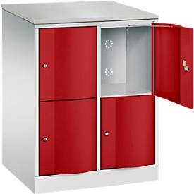 C+P Schließfachschrank Resisto, 2 Abteile, 4 Fächer, B 772 x T 640 x H 1077 mm, Lichtgrau/Rubinrot
