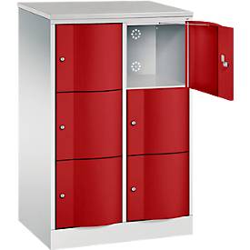 C+P Schließfachschrank Resisto, 2 Abteile, 6 Fächer, B 772 x T 540 x H 1255 mm, Lichtgrau/Rubinrot