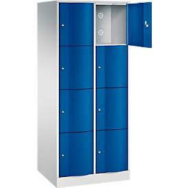 C+P Schließfachschrank Resisto, 2 Abteile, 8 Fächer, B 772 x T 640 x H 1950 mm, Lichtgrau/Enzianblau