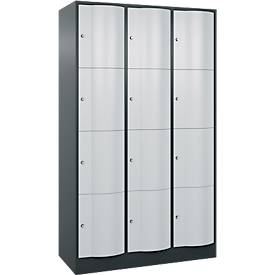 C+P Schließfachschrank Resisto, 3 Abteile, 12 Fächer, B 1148 x T 540 x H 1950 mm, Anthrazitgrau/Lichtgrau