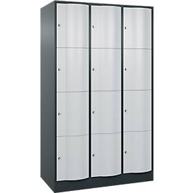 C+P Schließfachschrank Resisto, 3 Abteile, 12 Fächer, B 1148 x T 640 x H 1950 mm, Anthrazitgrau/Lichtgrau