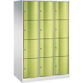 C+P Schließfachschrank Resisto, 3 Abteile, 12 Fächer, B 1148 x T 640 x H 1950 mm, Lichtgrau/Clowngrün
