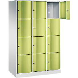 C+P Schließfachschrank Resisto, 3 Abteile, 12 Fächer, B 1148 x T 640 x H 1950 mm, Lichtgrau/Clowngrün