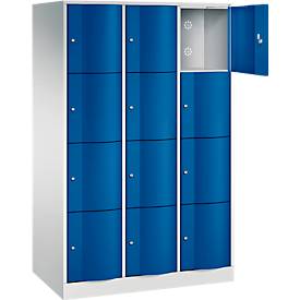 C+P Schließfachschrank Resisto, 3 Abteile, 12 Fächer, B 1148 x T 640 x H 1950 mm, Lichtgrau/Enzianblau