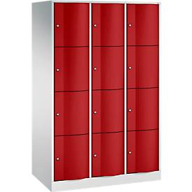 C+P Schließfachschrank Resisto, 3 Abteile, 12 Fächer, B 1148 x T 640 x H 1950 mm, Lichtgrau/Rubinrot