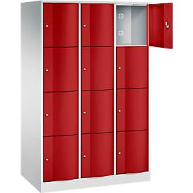 C+P Schließfachschrank Resisto, 3 Abteile, 12 Fächer, B 1148 x T 640 x H 1950 mm, Lichtgrau/Rubinrot