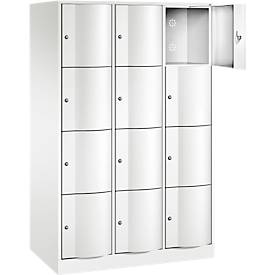 C+P Schließfachschrank Resisto, 3 Abteile, 12 Fächer, B 1148 x T 640 x H 1950 mm, Verkehrsweiß