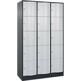 C+P Schließfachschrank Resisto, 3 Abteile, 15 Fächer, B 1148 x T 540 x H 1950 mm, Anthrazitgrau/Lichtgrau