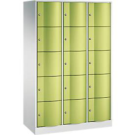 C+P Schließfachschrank Resisto, 3 Abteile, 15 Fächer, B 1148 x T 540 x H 1950 mm, Lichtgrau/Clowngrün