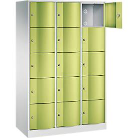 C+P Schließfachschrank Resisto, 3 Abteile, 15 Fächer, B 1148 x T 540 x H 1950 mm, Lichtgrau/Clowngrün