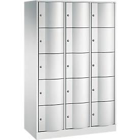 C+P Schließfachschrank Resisto, 3 Abteile, 15 Fächer, B 1148 x T 540 x H 1950 mm, Lichtgrau/Clowngrün