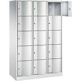 C+P Schließfachschrank Resisto, 3 Abteile, 15 Fächer, B 1148 x T 540 x H 1950 mm, Lichtgrau/Clowngrün