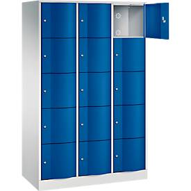 C+P Schließfachschrank Resisto, 3 Abteile, 15 Fächer, B 1148 x T 540 x H 1950 mm, Lichtgrau/Enzianblau