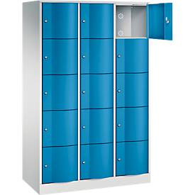 C+P Schließfachschrank Resisto, 3 Abteile, 15 Fächer, B 1148 x T 540 x H 1950 mm, Lichtgrau/Lichtblau