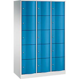 C+P Schließfachschrank Resisto, 3 Abteile, 15 Fächer, B 1148 x T 540 x H 1950 mm, Lichtgrau/Rubinrot