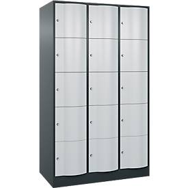 C+P Schließfachschrank Resisto, 3 Abteile, 15 Fächer, B 1148 x T 640 x H 1950 mm, Anthrazitgrau/Lichtgrau