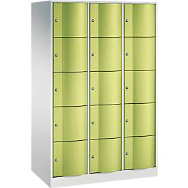 C+P Schließfachschrank Resisto, 3 Abteile, 15 Fächer, B 1148 x T 640 x H 1950 mm, Lichtgrau/Clowngrün