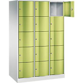 C+P Schließfachschrank Resisto, 3 Abteile, 15 Fächer, B 1148 x T 640 x H 1950 mm, Lichtgrau/Clowngrün