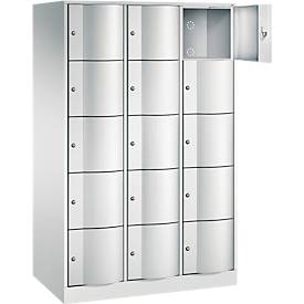 C+P Schließfachschrank Resisto, 3 Abteile, 15 Fächer, B 1148 x T 640 x H 1950 mm, Lichtgrau/Clowngrün
