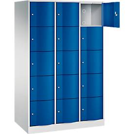 C+P Schließfachschrank Resisto, 3 Abteile, 15 Fächer, B 1148 x T 640 x H 1950 mm, Lichtgrau/Enzianblau