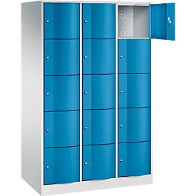 C+P Schließfachschrank Resisto, 3 Abteile, 15 Fächer, B 1148 x T 640 x H 1950 mm, Lichtgrau/Lichtblau