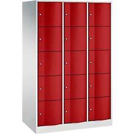 C+P Schließfachschrank Resisto, 3 Abteile, 15 Fächer, B 1148 x T 640 x H 1950 mm, Lichtgrau/Rubinrot