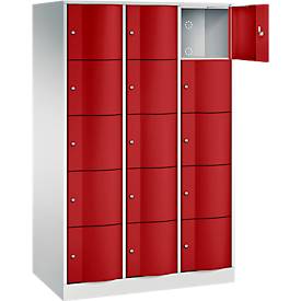 C+P Schließfachschrank Resisto, 3 Abteile, 15 Fächer, B 1148 x T 640 x H 1950 mm, Lichtgrau/Rubinrot