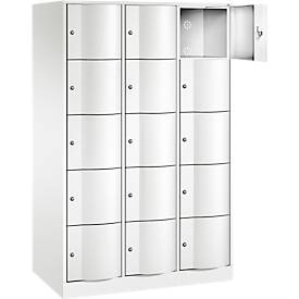 C+P Schließfachschrank Resisto, 3 Abteile, 15 Fächer, B 1148 x T 640 x H 1950 mm, Verkehrsweiß