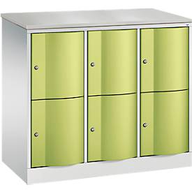 C+P Schließfachschrank Resisto, 3 Abteile, 6 Fächer, B 1148 x T 540 x H 1077 mm, Lichtgrau/Clowngrün