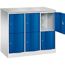 C+P Schließfachschrank Resisto, 3 Abteile, 6 Fächer, B 1148 x T 540 x H 1077 mm, Lichtgrau/Enzianblau