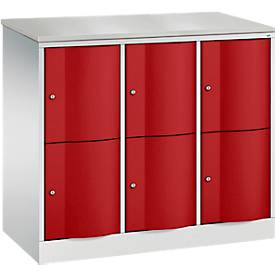 C+P Schließfachschrank Resisto, 3 Abteile, 6 Fächer, B 1148 x T 540 x H 1077 mm, Lichtgrau/Rubinrot