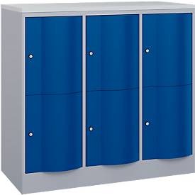C+P Schließfachschrank Resisto, 3 Abteile, 6 Fächer, B 1148 x T 540 x H 1077 mm, Weißalu/Enzianblau