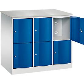 C+P Schließfachschrank Resisto, 3 Abteile, 6 Fächer, B 1148 x T 640 x H 1077 mm, Lichtgrau/Enzianblau