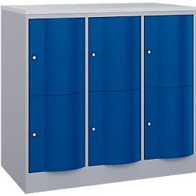 C+P Schließfachschrank Resisto, 3 Abteile, 6 Fächer, B 1148 x T 640 x H 1077 mm, Weißalu/Enzianblau