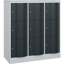 C+P Schließfachschrank Resisto, 3 Abteile, 9 Fächer, B 1148 x T 540 x H 1255 mm, Lichtgrau/Anthrazitgrau