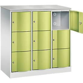 C+P Schließfachschrank Resisto, 3 Abteile, 9 Fächer, B 1148 x T 540 x H 1255 mm, Lichtgrau/Clowngrün
