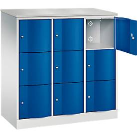 C+P Schließfachschrank Resisto, 3 Abteile, 9 Fächer, B 1148 x T 540 x H 1255 mm, Lichtgrau/Enzianblau