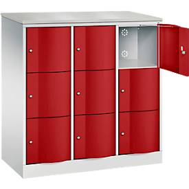 C+P Schließfachschrank Resisto, 3 Abteile, 9 Fächer, B 1148 x T 540 x H 1255 mm, Lichtgrau/Rubinrot