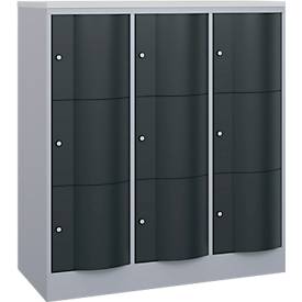 C+P Schließfachschrank Resisto, 3 Abteile, 9 Fächer, B 1148 x T 540 x H 1255 mm, Weißalu/Anthrazitgrau