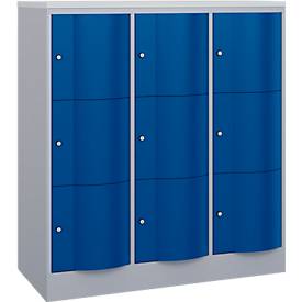 C+P Schließfachschrank Resisto, 3 Abteile, 9 Fächer, B 1148 x T 540 x H 1255 mm, Weißalu/Enzianblau