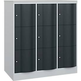 C+P Schließfachschrank Resisto, 3 Abteile, 9 Fächer, B 1148 x T 640 x H 1255 mm, Anthrazitgrau/Lichtgrau