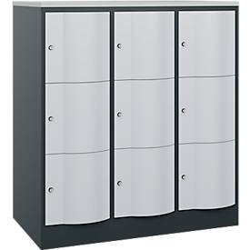 C+P Schließfachschrank Resisto, 3 Abteile, 9 Fächer, B 1148 x T 640 x H 1255 mm, Anthrazitgrau/Lichtgrau