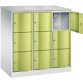 C+P Schließfachschrank Resisto, 3 Abteile, 9 Fächer, B 1148 x T 640 x H 1255 mm, Lichtgrau/Clowngrün